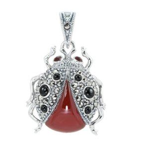 Vintage Style 925 Silver Red/Black Onyx Marcasite Beetle Pendant With Sparkle